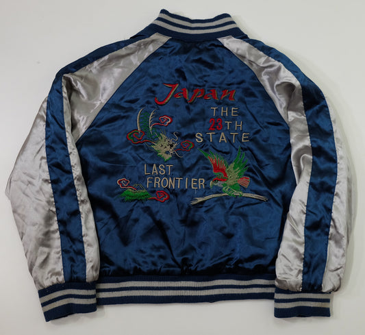 Vintage AJOP “Japan The 23th State / Last Frontier” Eagle Embroidered Sukajan Souvenir Jacket | Blue Silver Japanese Yokosuka Bomber | Tag Size 150