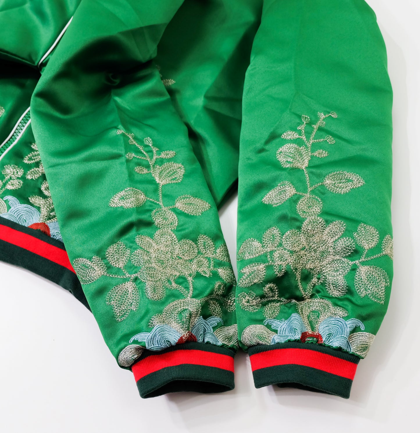 Vintage Japanese Green Botanical Embroidered Satin Souvenir Bomber Jacket | Silver Floral Vine Sukajan Style | Red Black Rib Trim
