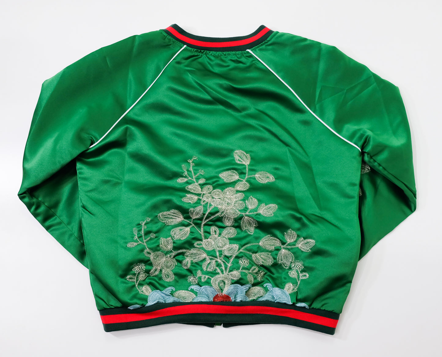 Vintage Japanese Green Botanical Embroidered Satin Souvenir Bomber Jacket | Silver Floral Vine Sukajan Style | Red Black Rib Trim
