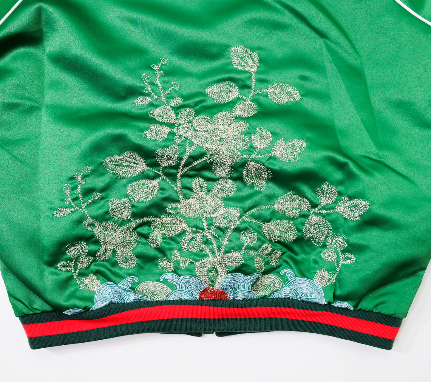 Vintage Japanese Green Botanical Embroidered Satin Souvenir Bomber Jacket | Silver Floral Vine Sukajan Style | Red Black Rib Trim
