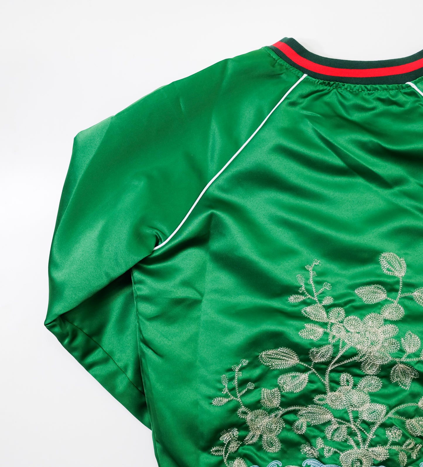 Vintage Japanese Green Botanical Embroidered Satin Souvenir Bomber Jacket | Silver Floral Vine Sukajan Style | Red Black Rib Trim