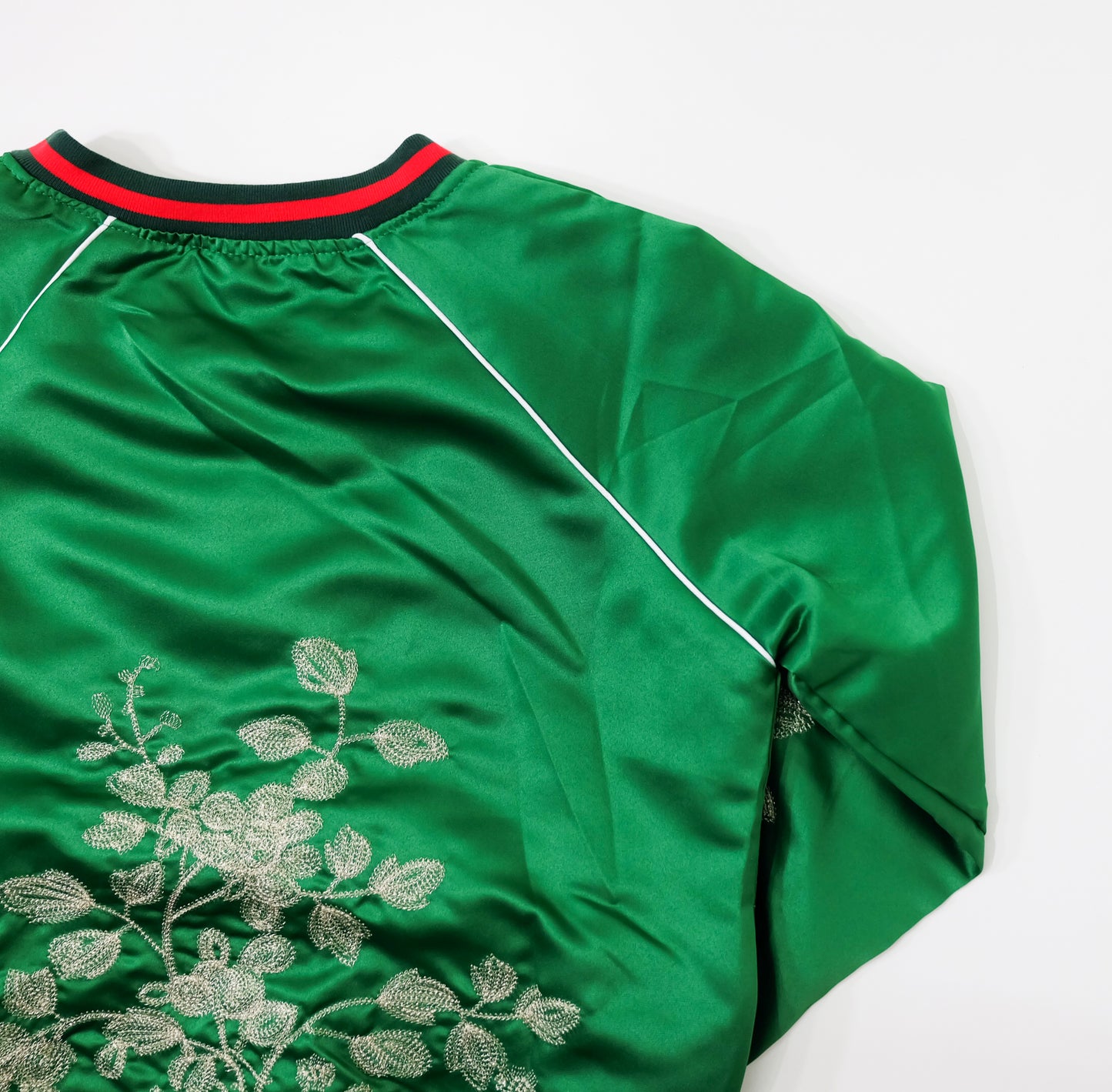 Vintage Japanese Green Botanical Embroidered Satin Souvenir Bomber Jacket | Silver Floral Vine Sukajan Style | Red Black Rib Trim