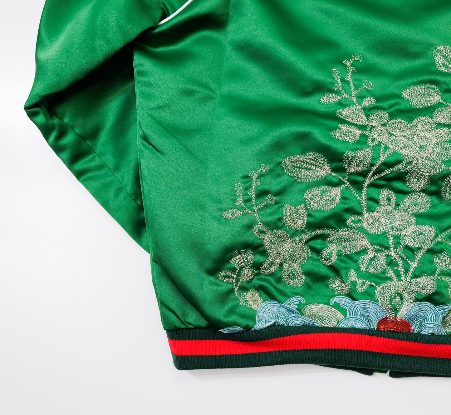 Vintage Japanese Green Botanical Embroidered Satin Souvenir Bomber Jacket | Silver Floral Vine Sukajan Style | Red Black Rib Trim