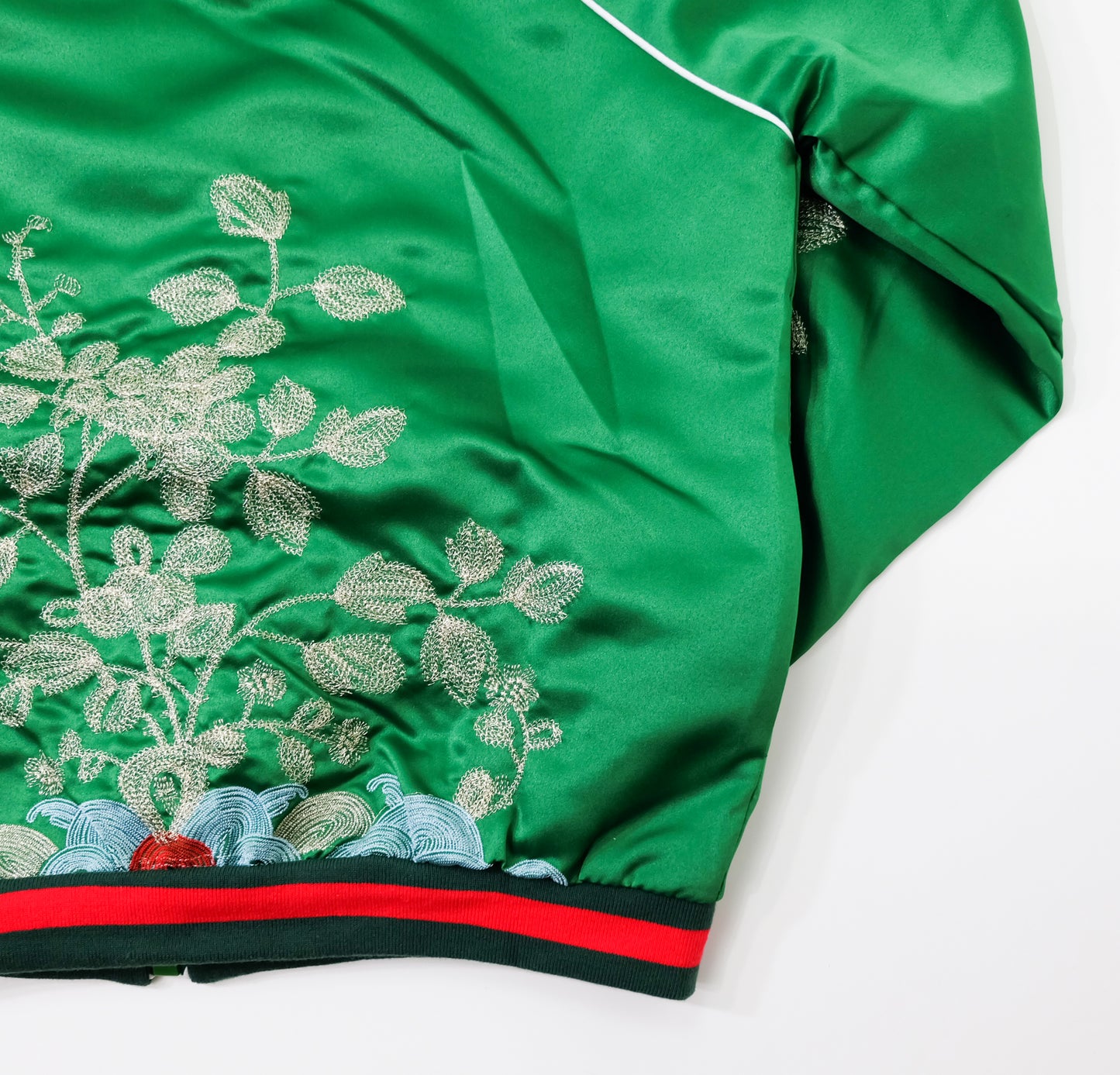 Vintage Japanese Green Botanical Embroidered Satin Souvenir Bomber Jacket | Silver Floral Vine Sukajan Style | Red Black Rib Trim