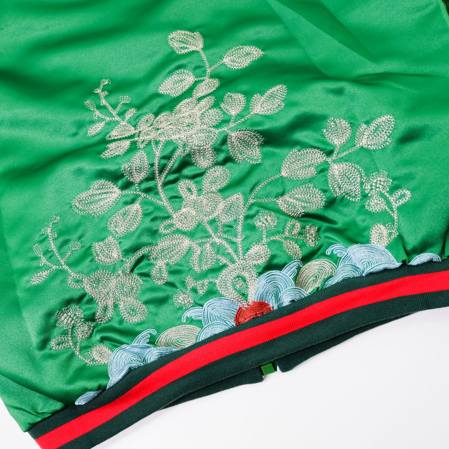 Vintage Japanese Green Botanical Embroidered Satin Souvenir Bomber Jacket | Silver Floral Vine Sukajan Style | Red Black Rib Trim