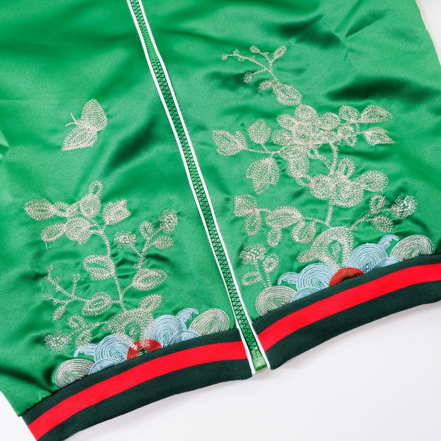 Vintage Japanese Green Botanical Embroidered Satin Souvenir Bomber Jacket | Silver Floral Vine Sukajan Style | Red Black Rib Trim