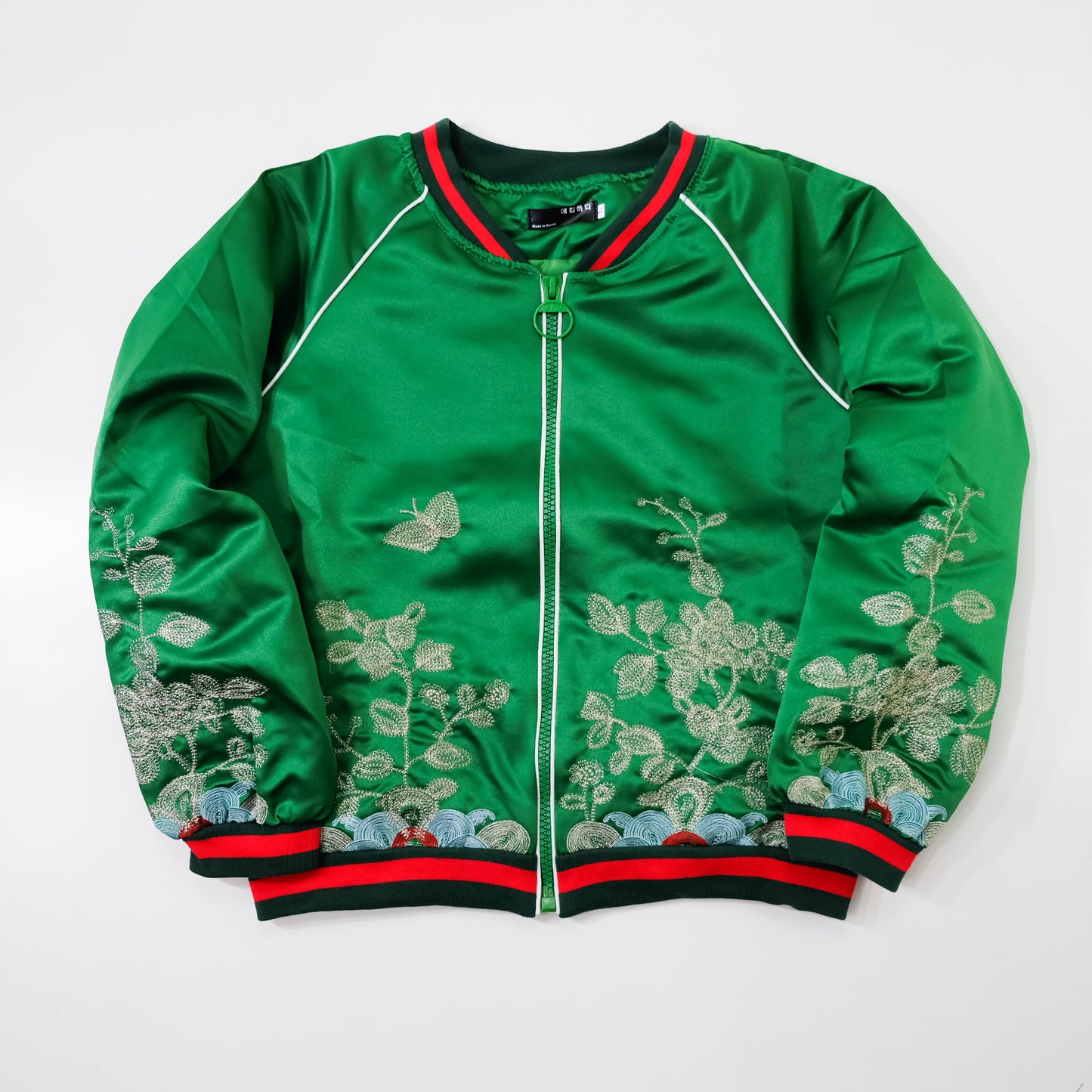 Vintage Japanese Green Botanical Embroidered Satin Souvenir Bomber Jacket | Silver Floral Vine Sukajan Style | Red Black Rib Trim