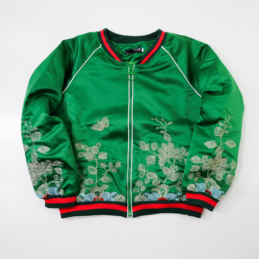 Vintage Japanese Green Botanical Embroidered Satin Souvenir Bomber Jacket | Silver Floral Vine Sukajan Style | Red Black Rib Trim