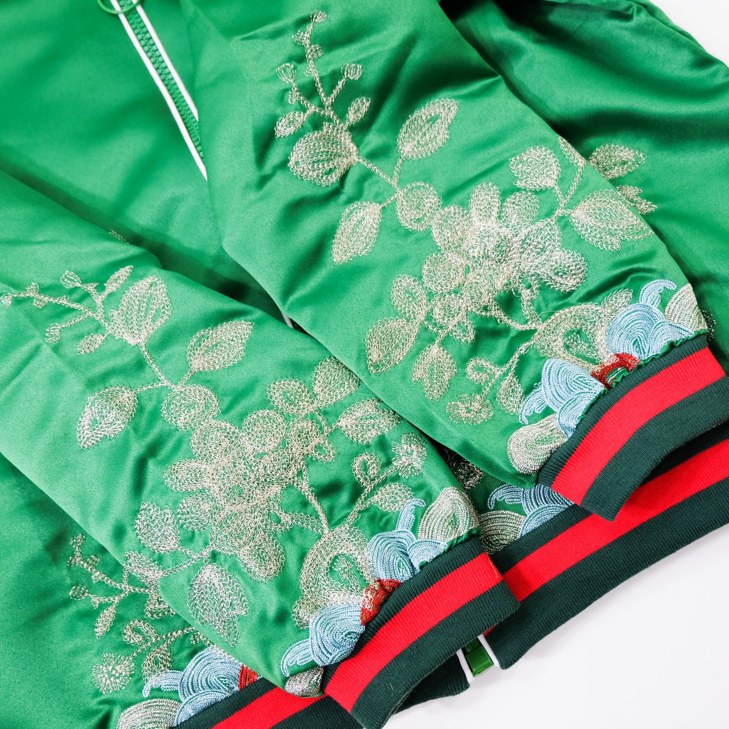 Vintage Japanese Green Botanical Embroidered Satin Souvenir Bomber Jacket | Silver Floral Vine Sukajan Style | Red Black Rib Trim