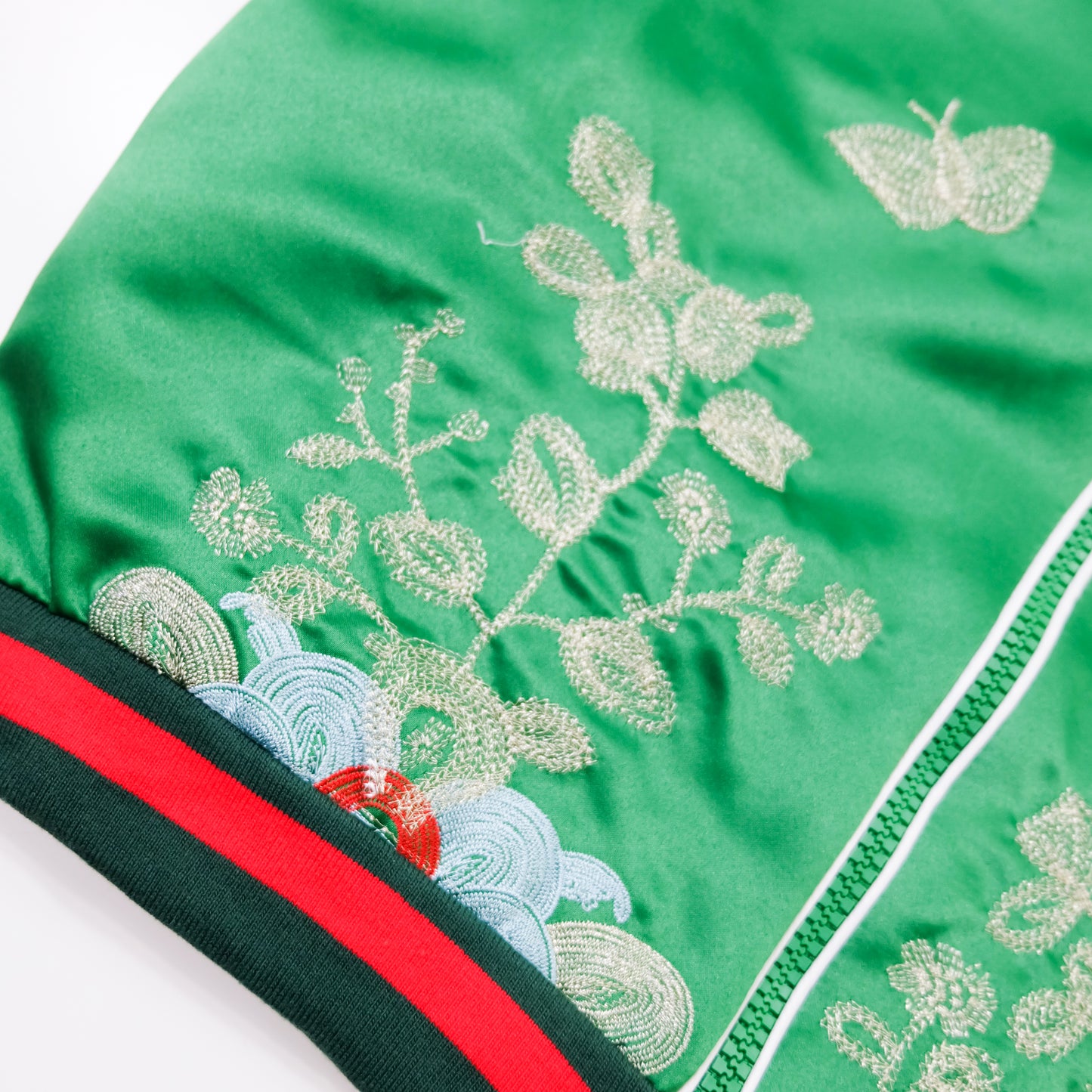 Vintage Japanese Green Botanical Embroidered Satin Souvenir Bomber Jacket | Silver Floral Vine Sukajan Style | Red Black Rib Trim