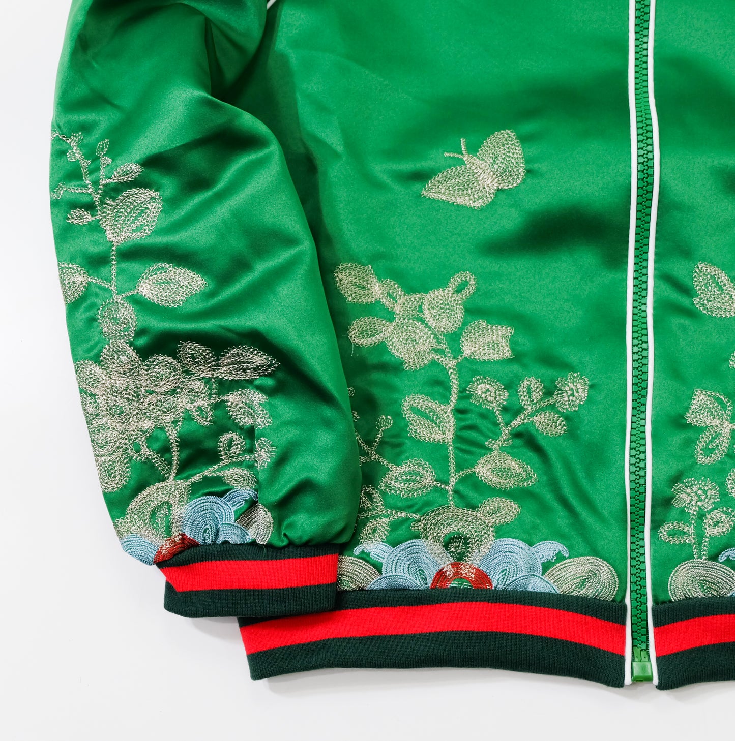 Vintage Japanese Green Botanical Embroidered Satin Souvenir Bomber Jacket | Silver Floral Vine Sukajan Style | Red Black Rib Trim