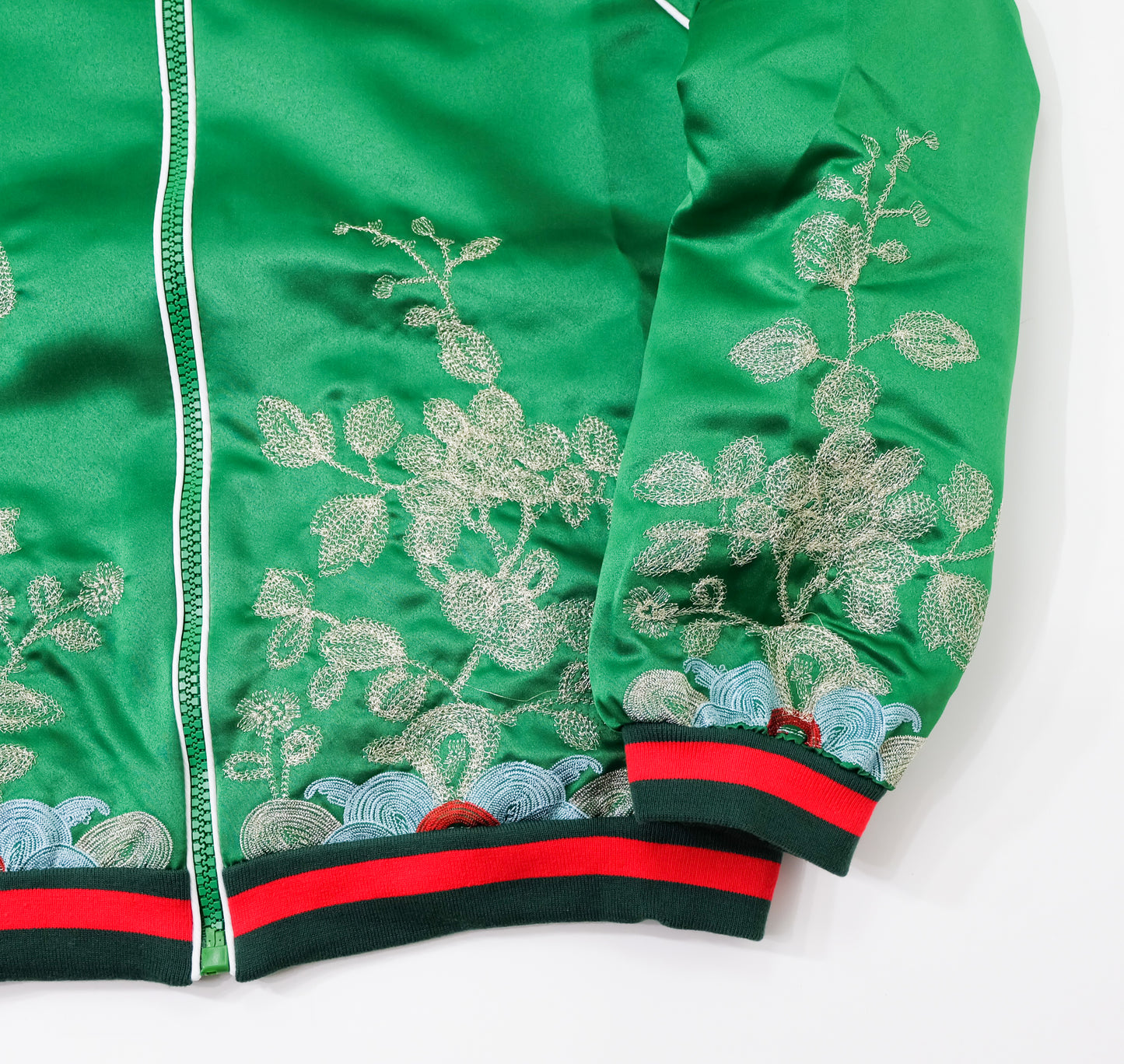 Vintage Japanese Green Botanical Embroidered Satin Souvenir Bomber Jacket | Silver Floral Vine Sukajan Style | Red Black Rib Trim