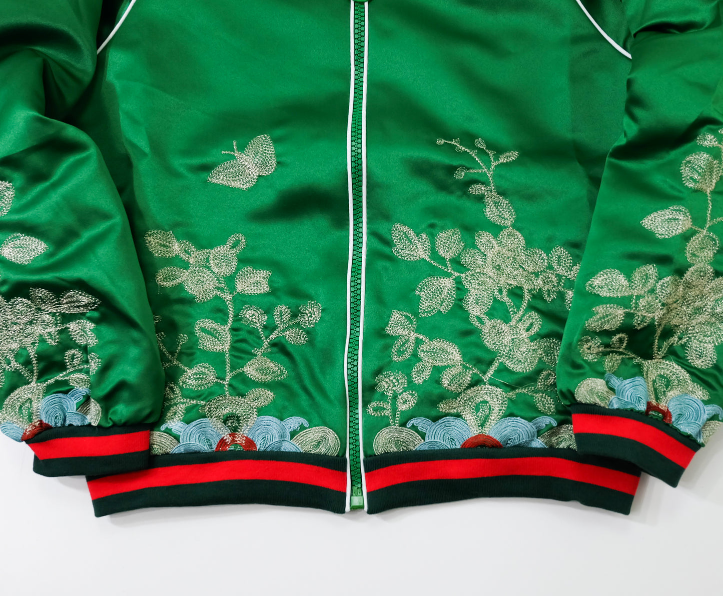 Vintage Japanese Green Botanical Embroidered Satin Souvenir Bomber Jacket | Silver Floral Vine Sukajan Style | Red Black Rib Trim