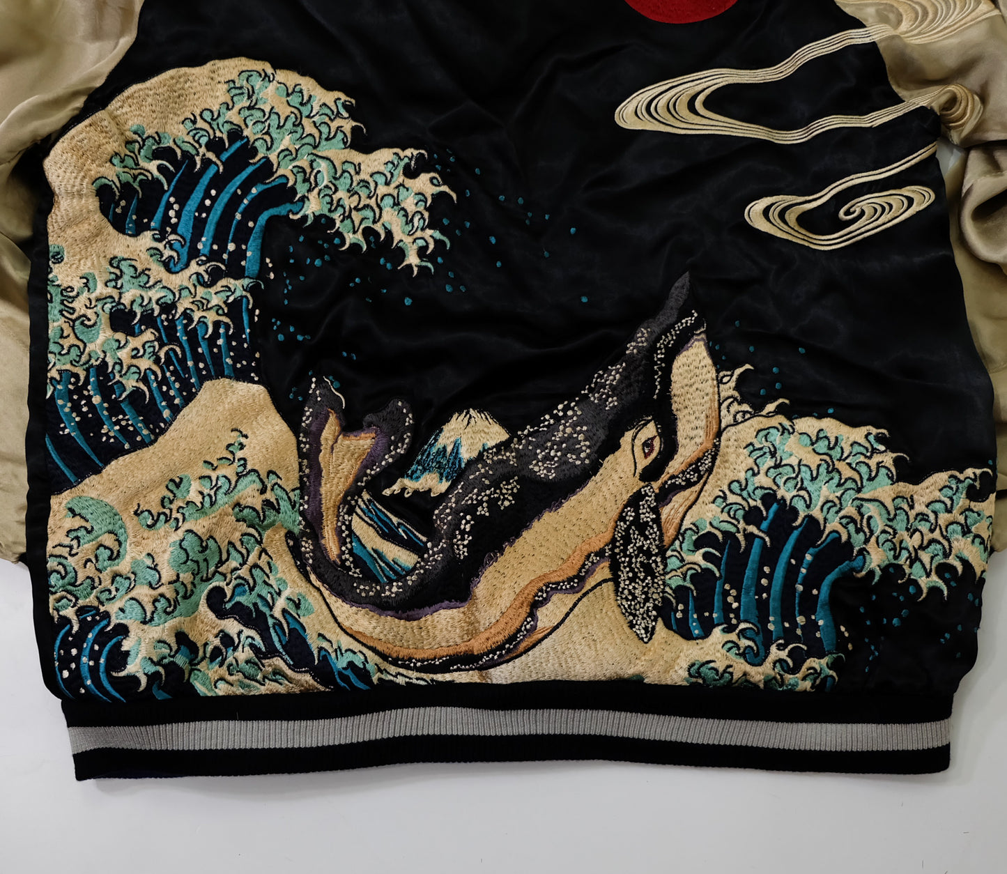 Sexy Vintage Black Blue Hyakka Ryoran Japanese Japan Katsushika Hokusai Ukiyoe Whale Kujira Fish Wave Embroideried Jumper Sukajan Jacket