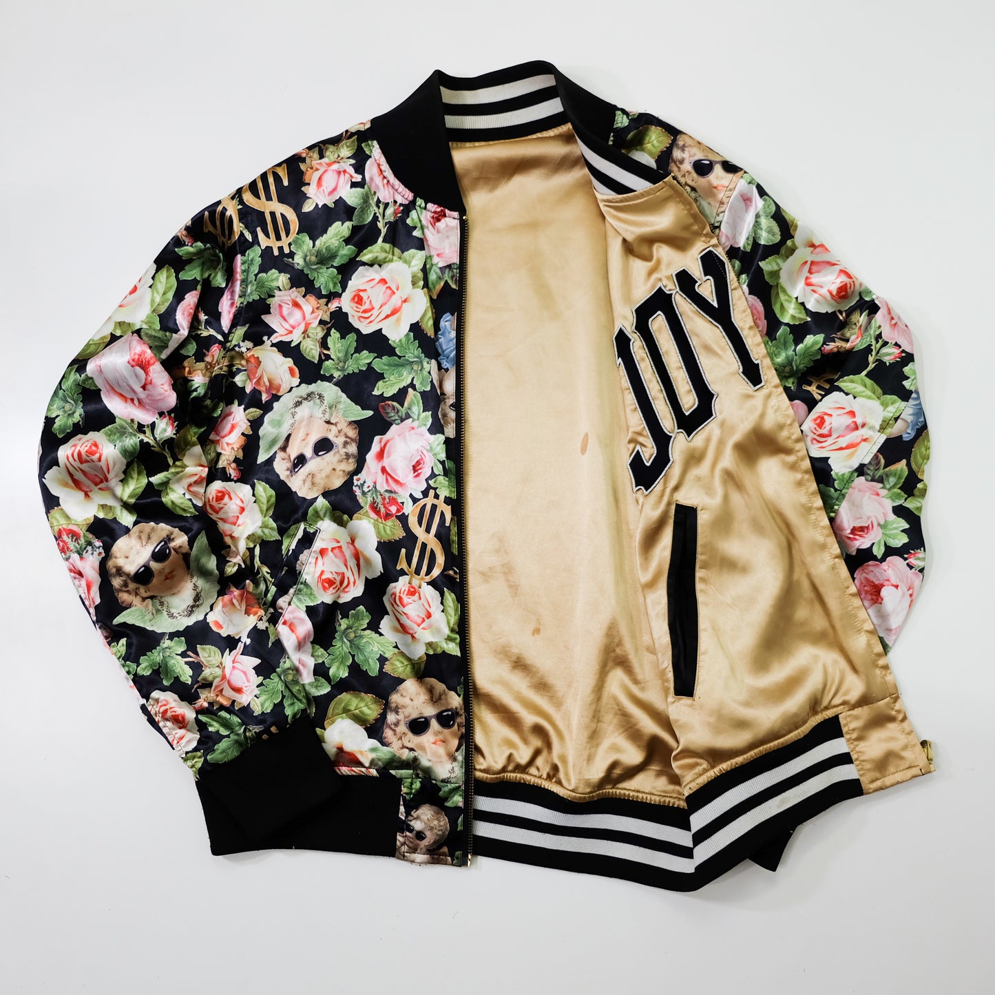 JOYRICH Reversible Cherub Rose Dollar Floral Satin Varsity Jacket | Gold Black Japanese Streetwear Bomber