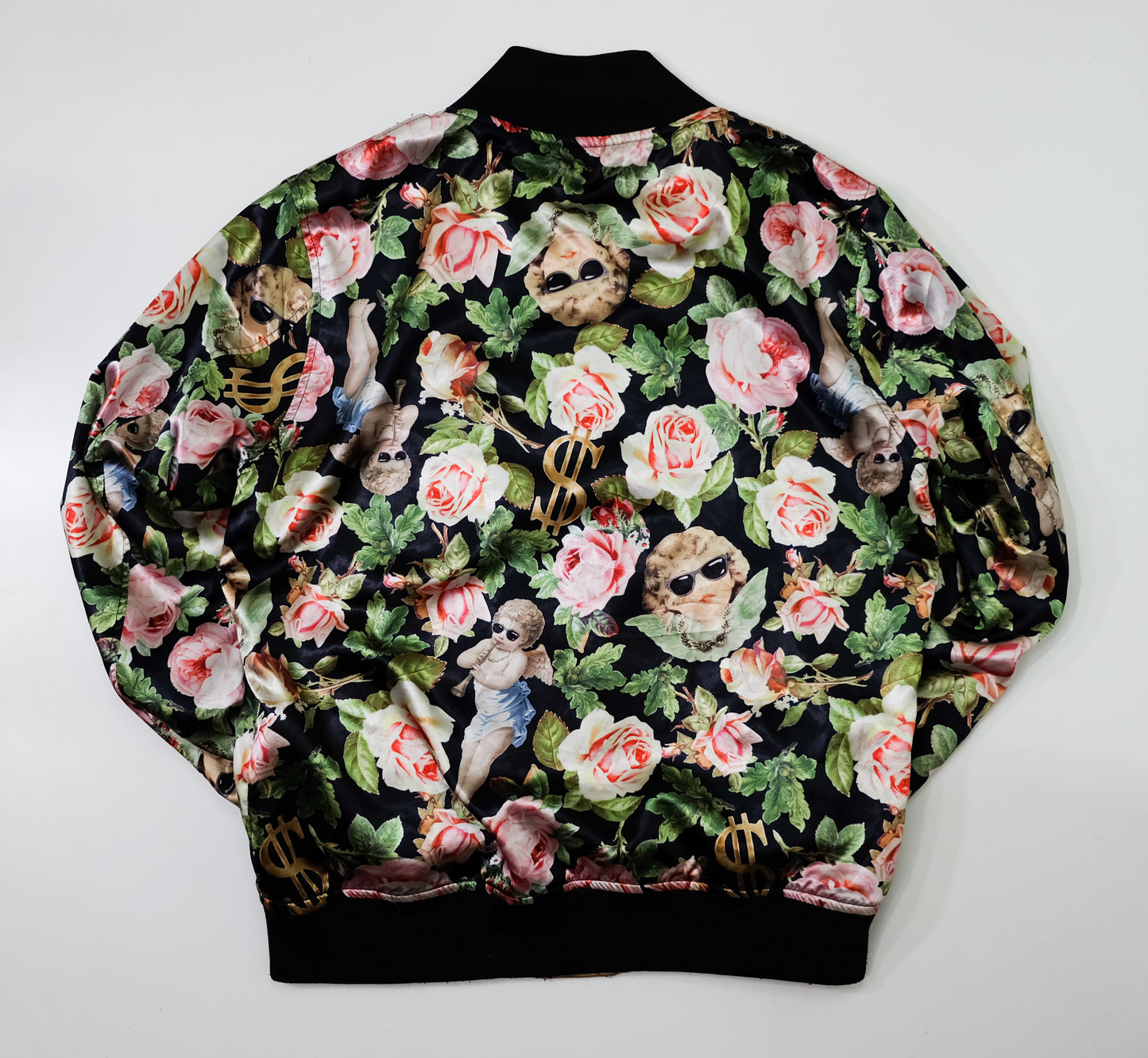 JOYRICH Reversible Cherub Rose Dollar Floral Satin Varsity Jacket | Gold Black Japanese Streetwear Bomber