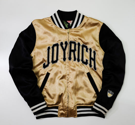 JOYRICH Reversible Cherub Rose Dollar Floral Satin Varsity Jacket | Gold Black Japanese Streetwear Bomber