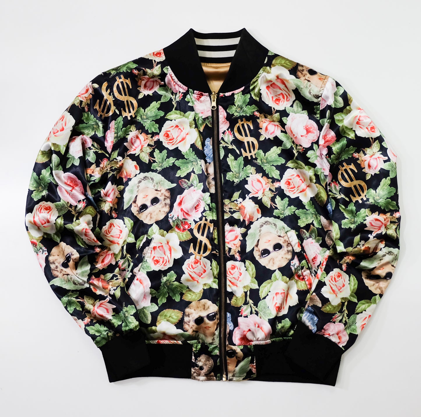 JOYRICH Reversible Cherub Rose Dollar Floral Satin Varsity Jacket | Gold Black Japanese Streetwear Bomber