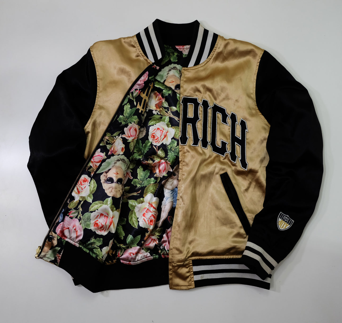 JOYRICH Reversible Cherub Rose Dollar Floral Satin Varsity Jacket | Gold Black Japanese Streetwear Bomber