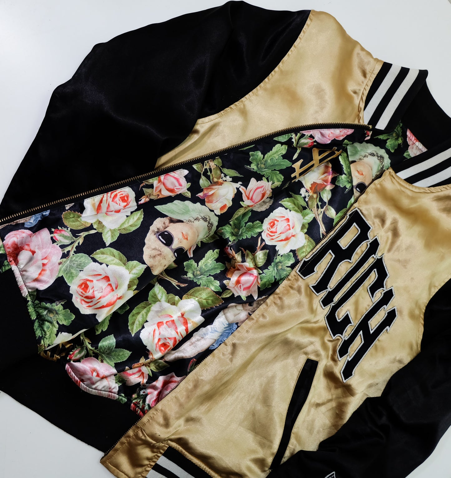 JOYRICH Reversible Cherub Rose Dollar Floral Satin Varsity Jacket | Gold Black Japanese Streetwear Bomber