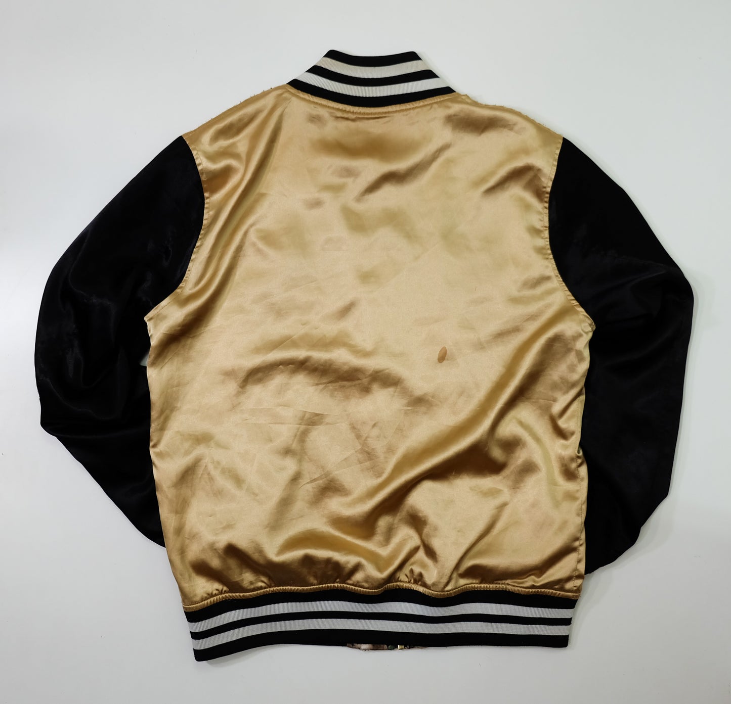 JOYRICH Reversible Cherub Rose Dollar Floral Satin Varsity Jacket | Gold Black Japanese Streetwear Bomber