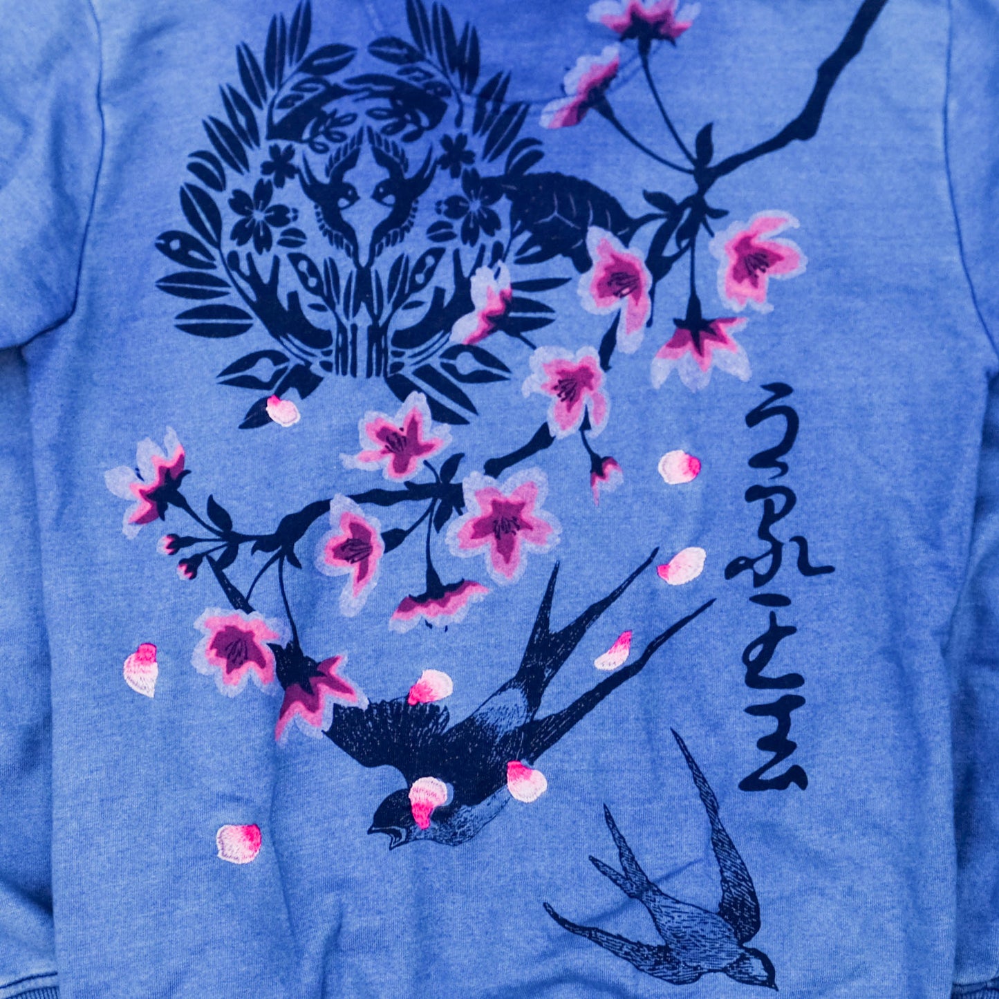 Uruwashi Japanese Wagara Zip Hoodie – Cherry Blossom & Swallow Sumi-e Inspired Art Hoodie