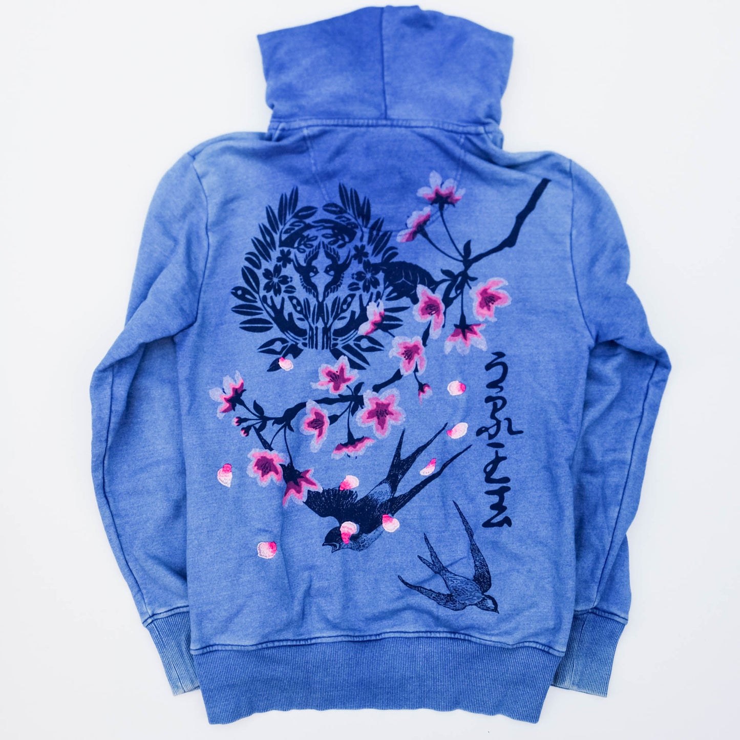 Uruwashi Japanese Wagara Zip Hoodie – Cherry Blossom & Swallow Sumi-e Inspired Art Hoodie