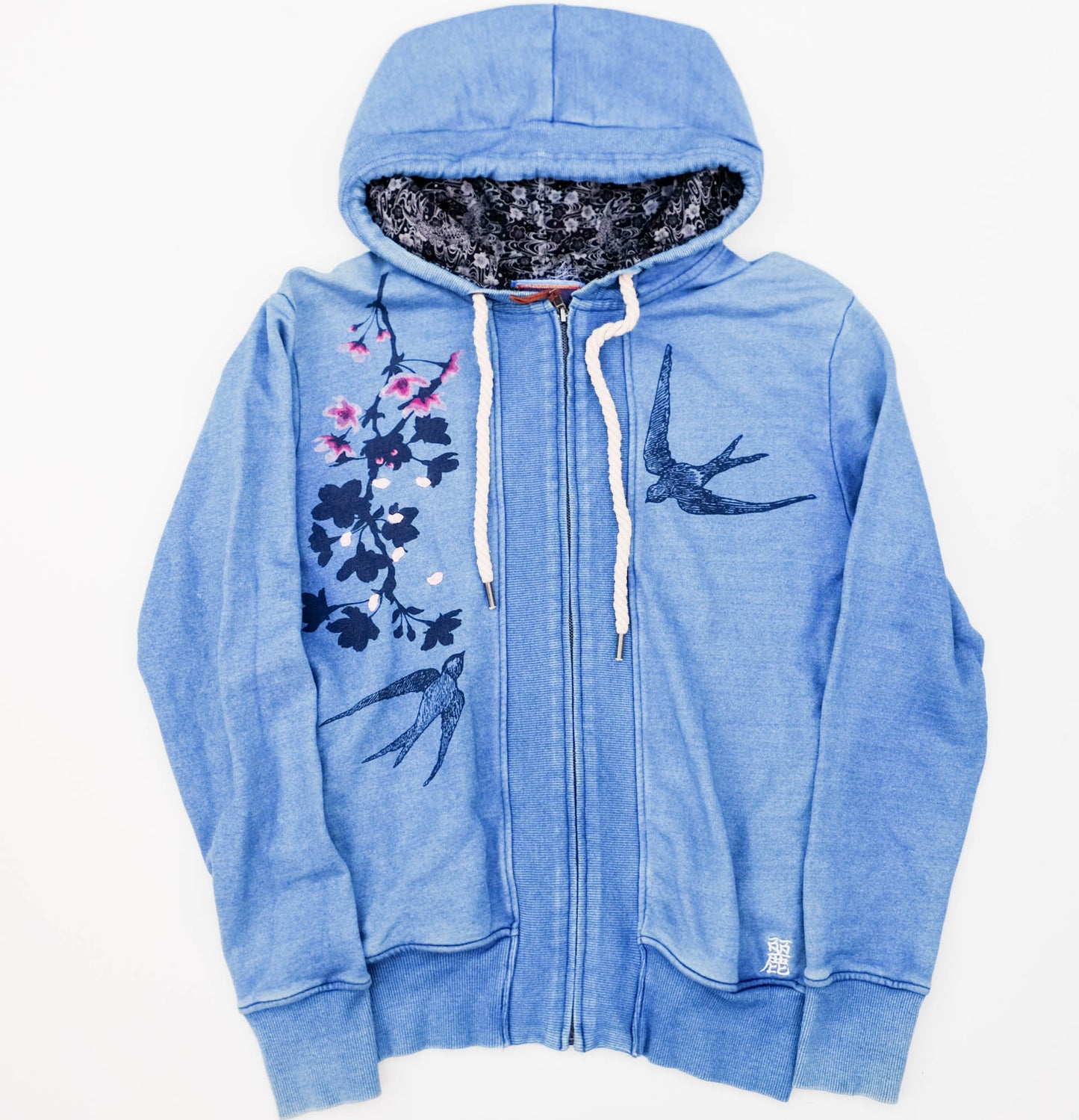 Uruwashi Japanese Wagara Zip Hoodie – Cherry Blossom & Swallow Sumi-e Inspired Art Hoodie
