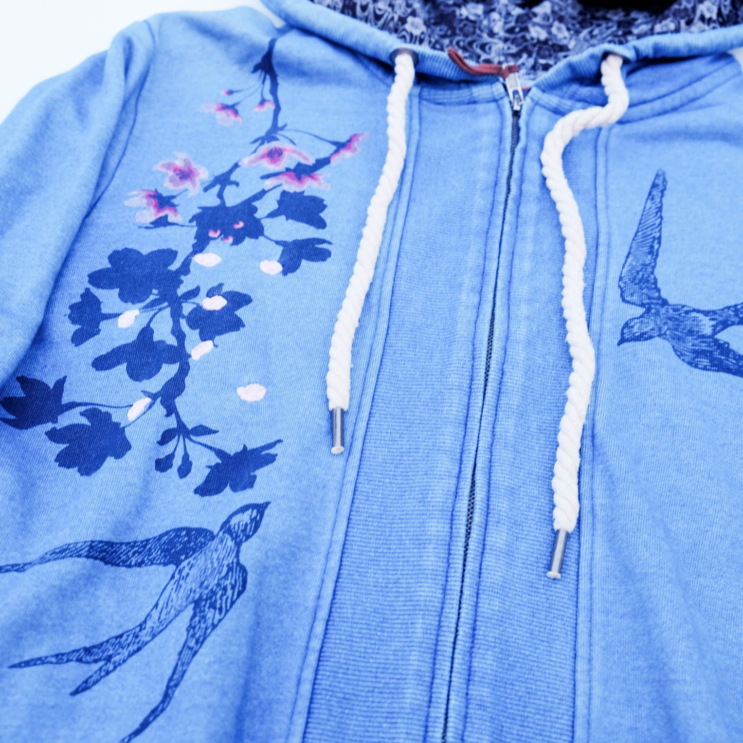 Uruwashi Japanese Wagara Zip Hoodie – Cherry Blossom & Swallow Sumi-e Inspired Art Hoodie