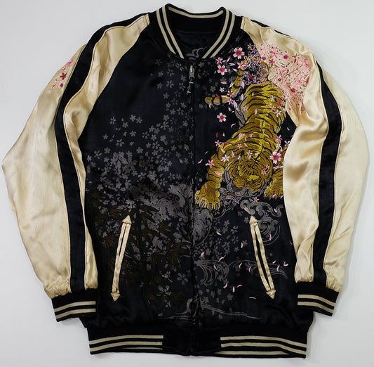 Miyabi Musubi Reversible Japanese Sukajan Tiger Sakura Koi Dragon Phoenix Embroidered Souvenir Jacket | Black Ivory Wagara Bomber
