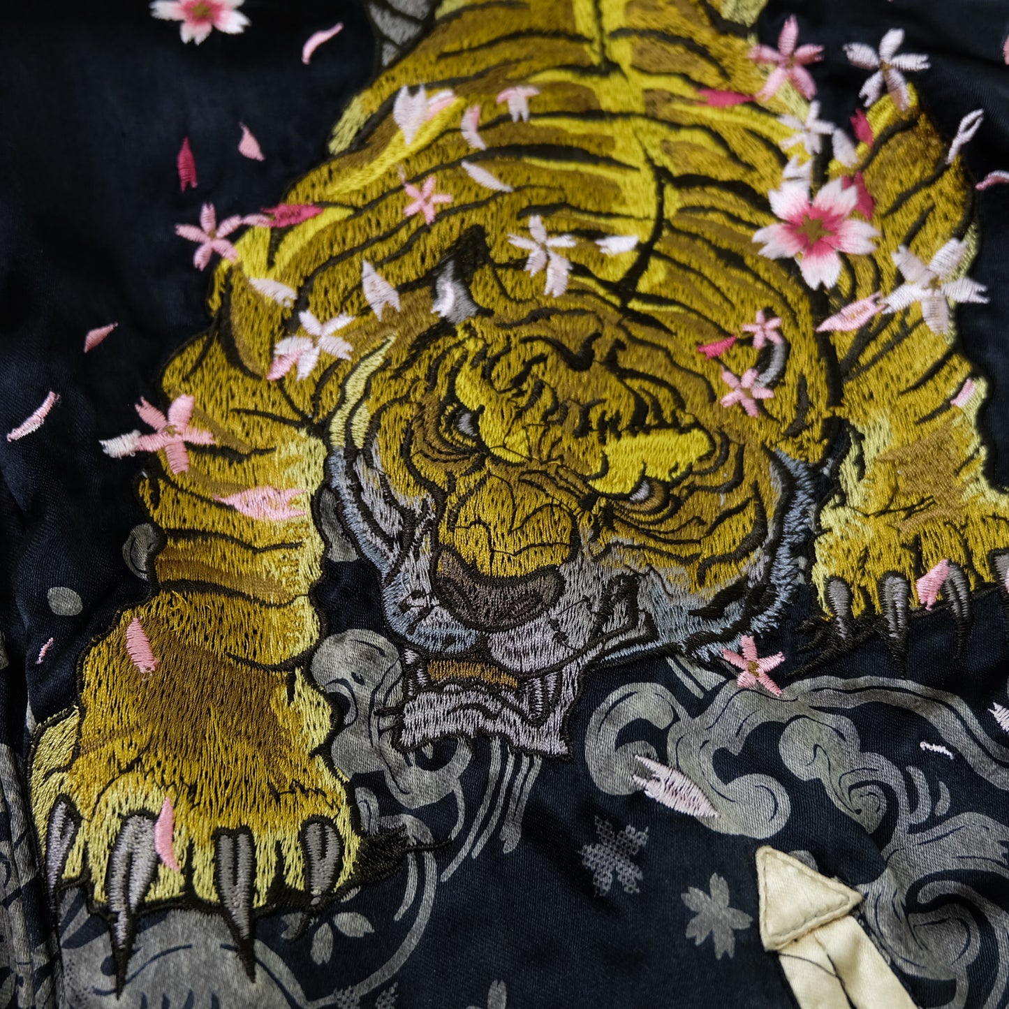 Miyabi Musubi Reversible Japanese Sukajan Tiger Sakura Koi Dragon Phoenix Embroidered Souvenir Jacket | Black Ivory Wagara Bomber