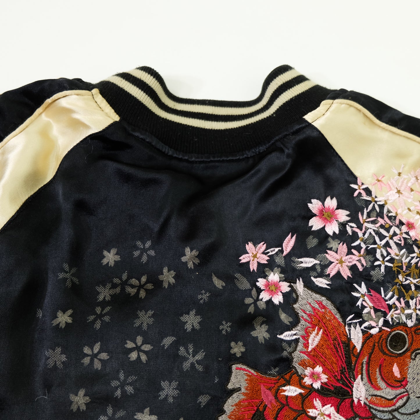 Miyabi Musubi Reversible Japanese Sukajan Tiger Sakura Koi Dragon Phoenix Embroidered Souvenir Jacket | Black Ivory Wagara Bomber