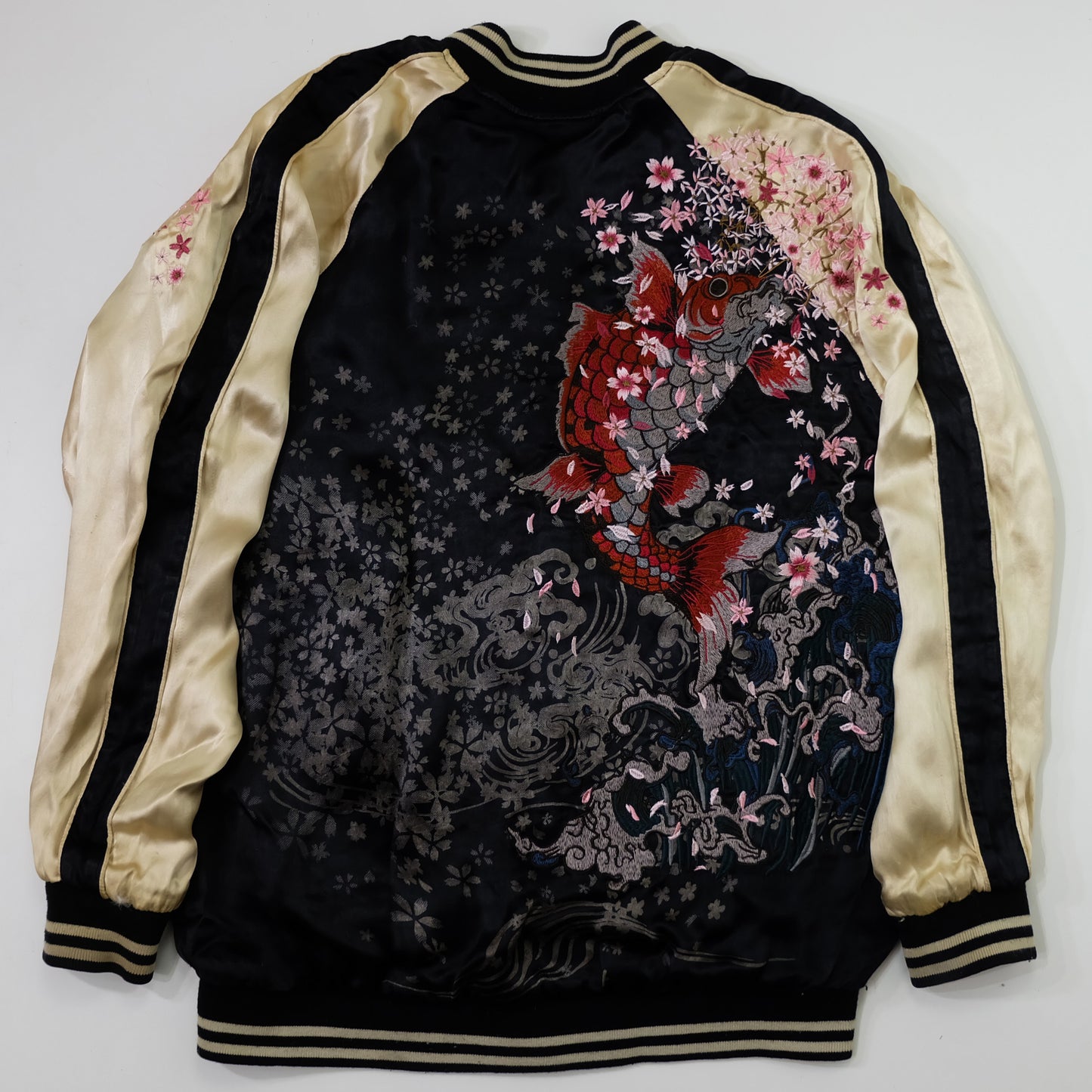 Miyabi Musubi Reversible Japanese Sukajan Tiger Sakura Koi Dragon Phoenix Embroidered Souvenir Jacket | Black Ivory Wagara Bomber