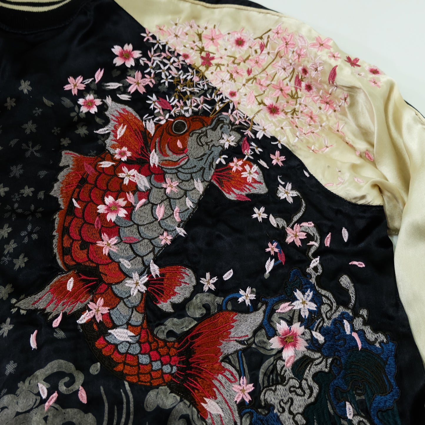 Miyabi Musubi Reversible Japanese Sukajan Tiger Sakura Koi Dragon Phoenix Embroidered Souvenir Jacket | Black Ivory Wagara Bomber