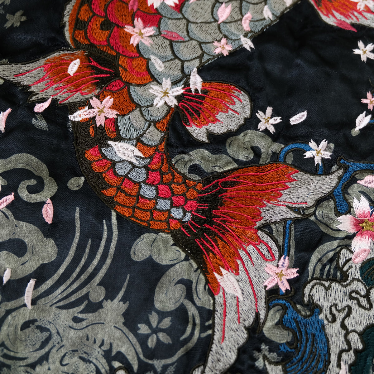 Miyabi Musubi Reversible Japanese Sukajan Tiger Sakura Koi Dragon Phoenix Embroidered Souvenir Jacket | Black Ivory Wagara Bomber