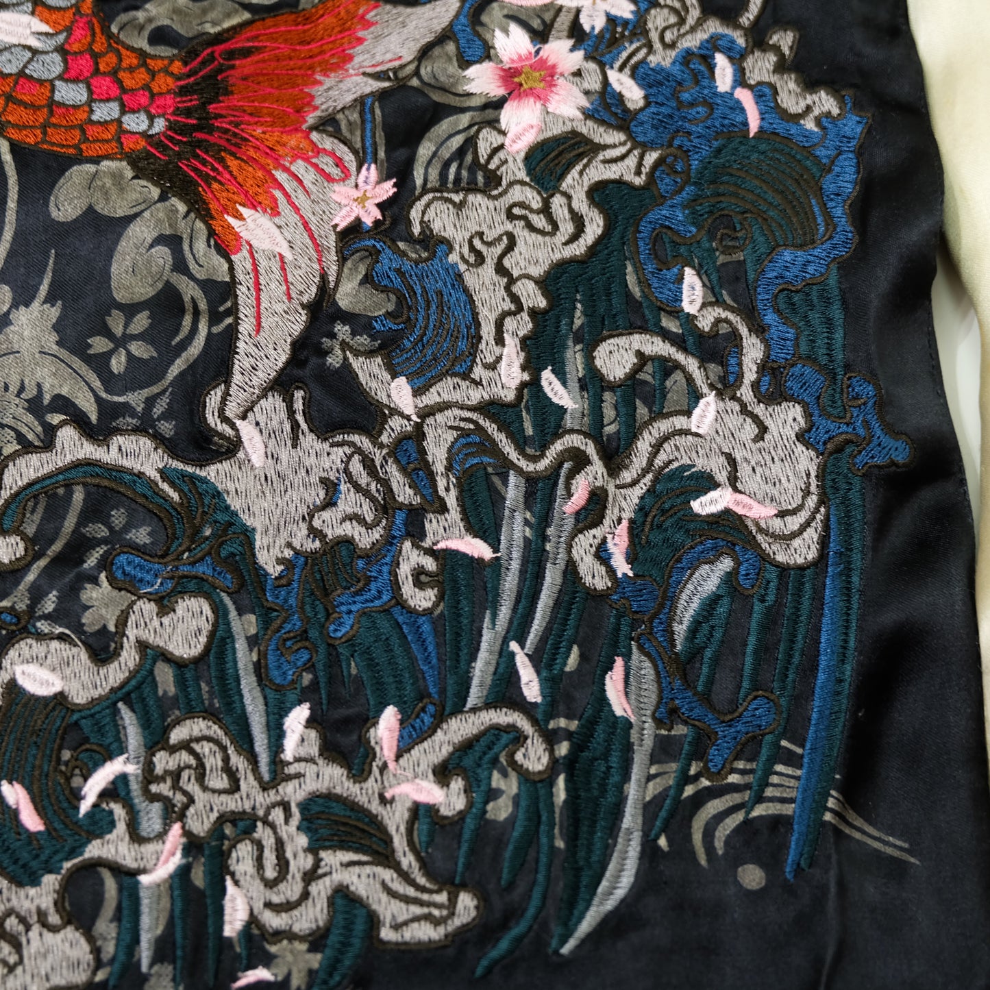 Miyabi Musubi Reversible Japanese Sukajan Tiger Sakura Koi Dragon Phoenix Embroidered Souvenir Jacket | Black Ivory Wagara Bomber