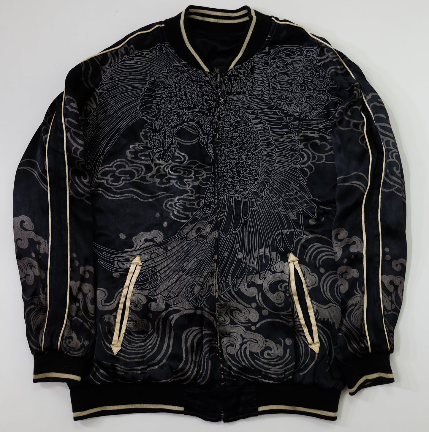 Miyabi Musubi Reversible Japanese Sukajan Tiger Sakura Koi Dragon Phoenix Embroidered Souvenir Jacket | Black Ivory Wagara Bomber
