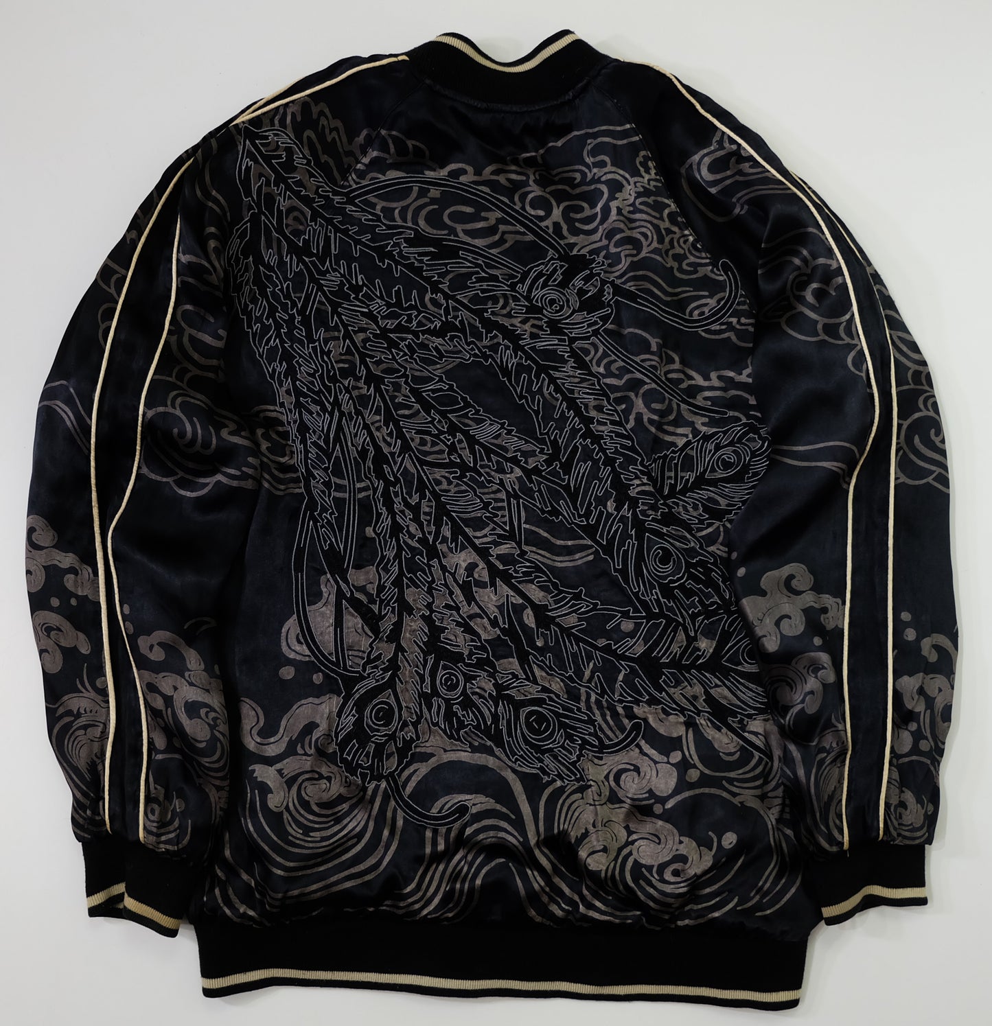 Miyabi Musubi Reversible Japanese Sukajan Tiger Sakura Koi Dragon Phoenix Embroidered Souvenir Jacket | Black Ivory Wagara Bomber