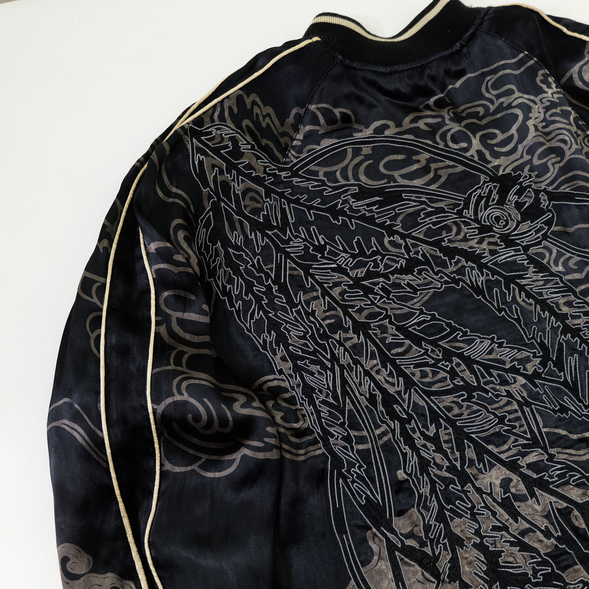 Miyabi Musubi Reversible Japanese Sukajan Tiger Sakura Koi Dragon Phoenix Embroidered Souvenir Jacket | Black Ivory Wagara Bomber