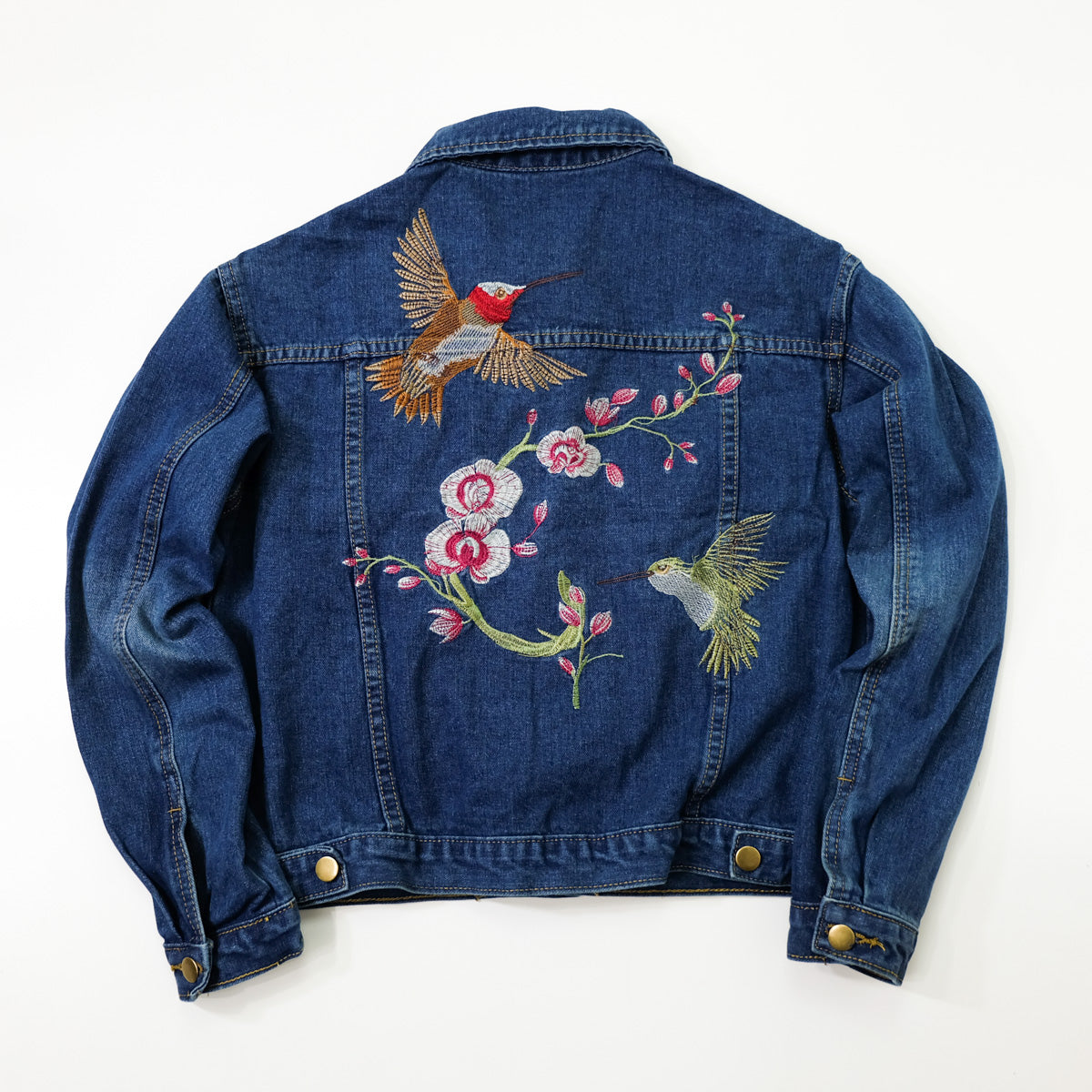 Ladies XL Hummingbird Floral Embroidered Denim Jean Jacket | Blue Vintage Style Trucker Jacket