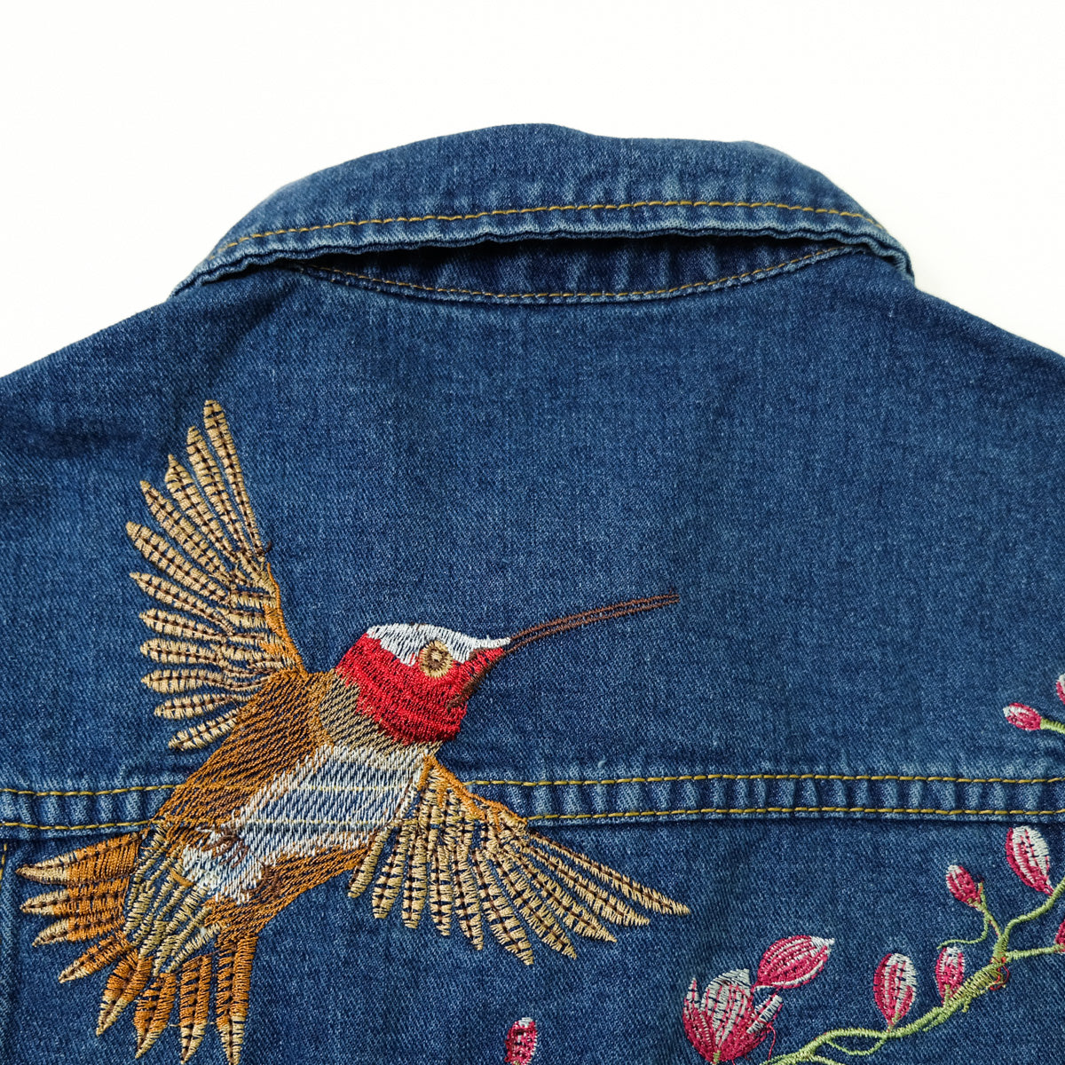Ladies XL Hummingbird Floral Embroidered Denim Jean Jacket | Blue Vintage Style Trucker Jacket