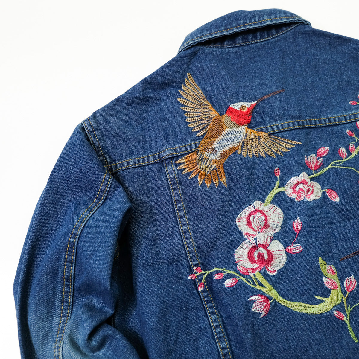 Ladies XL Hummingbird Floral Embroidered Denim Jean Jacket | Blue Vintage Style Trucker Jacket