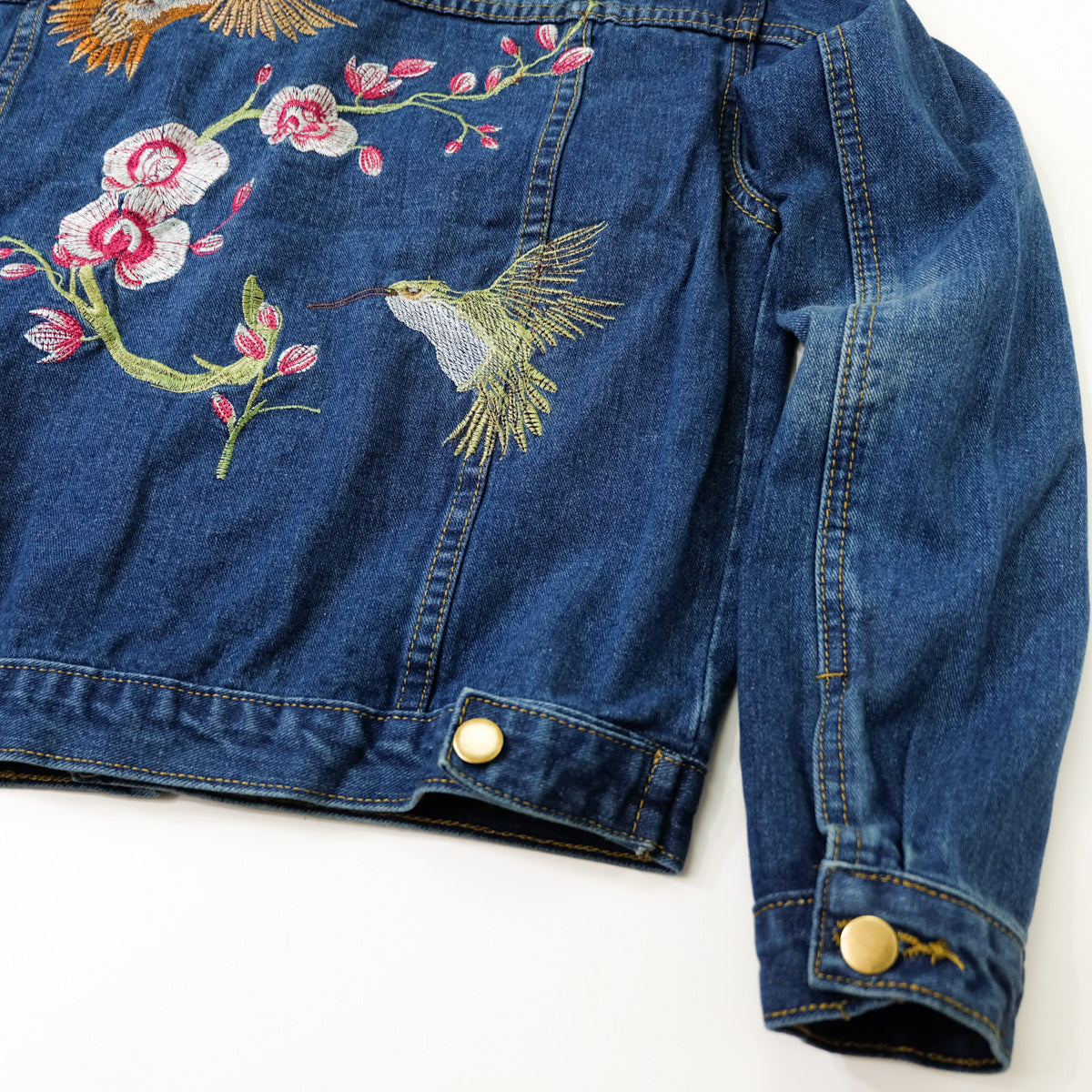 Ladies XL Hummingbird Floral Embroidered Denim Jean Jacket | Blue Vintage Style Trucker Jacket