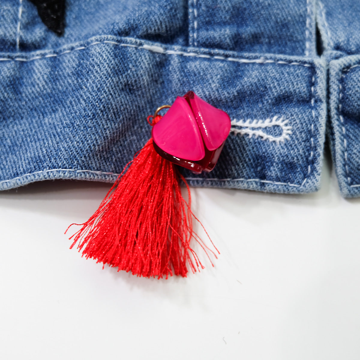 Ladies XL Butterfly Art Embroidered Denim Jacket | Colorful Appliqué Tassel Jean Trucker | Japanese Streetwear Wearable Art