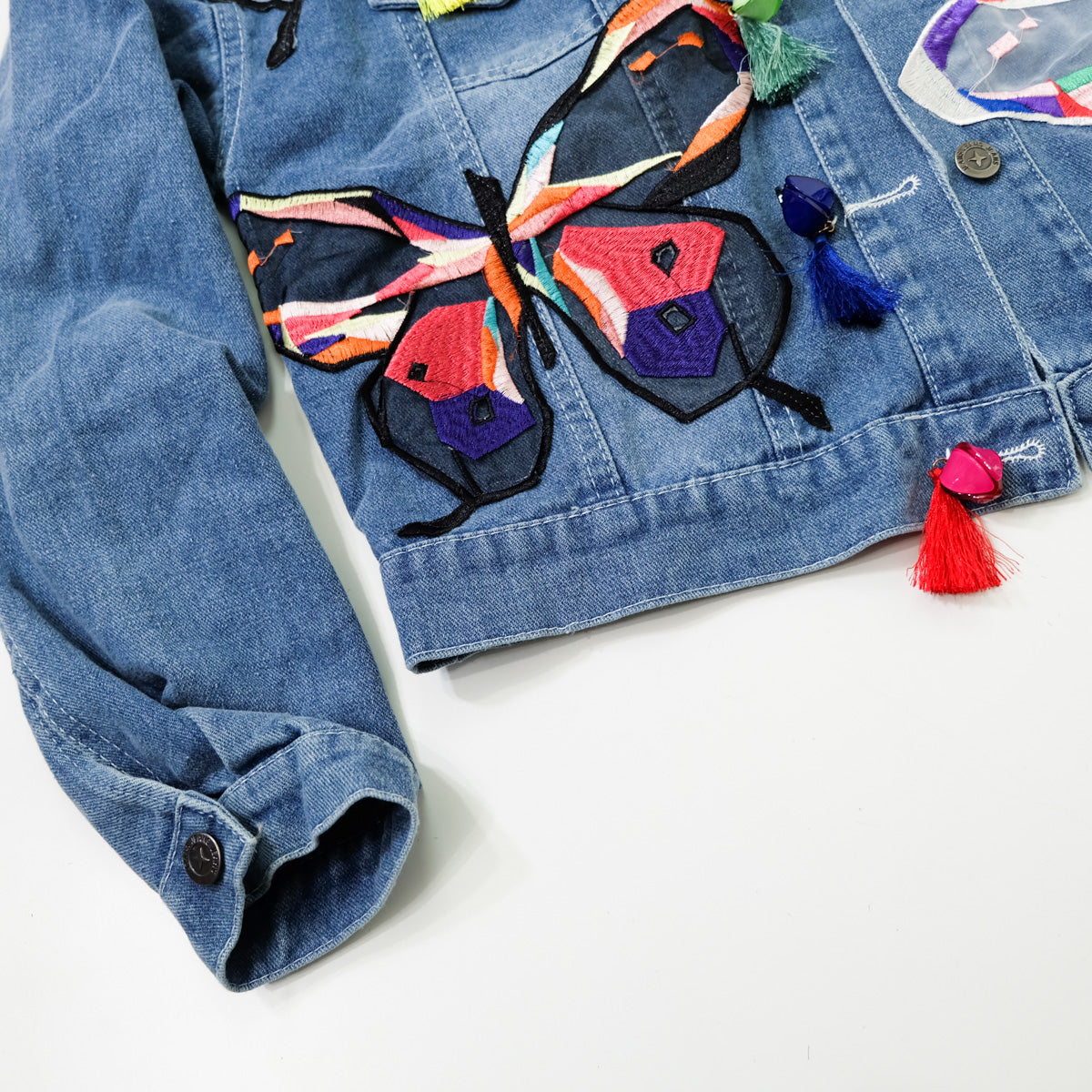 Ladies XL Butterfly Art Embroidered Denim Jacket | Colorful Appliqué Tassel Jean Trucker | Japanese Streetwear Wearable Art