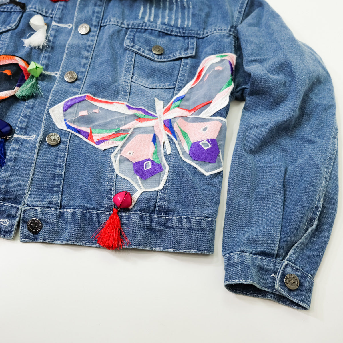 Ladies XL Butterfly Art Embroidered Denim Jacket | Colorful Appliqué Tassel Jean Trucker | Japanese Streetwear Wearable Art