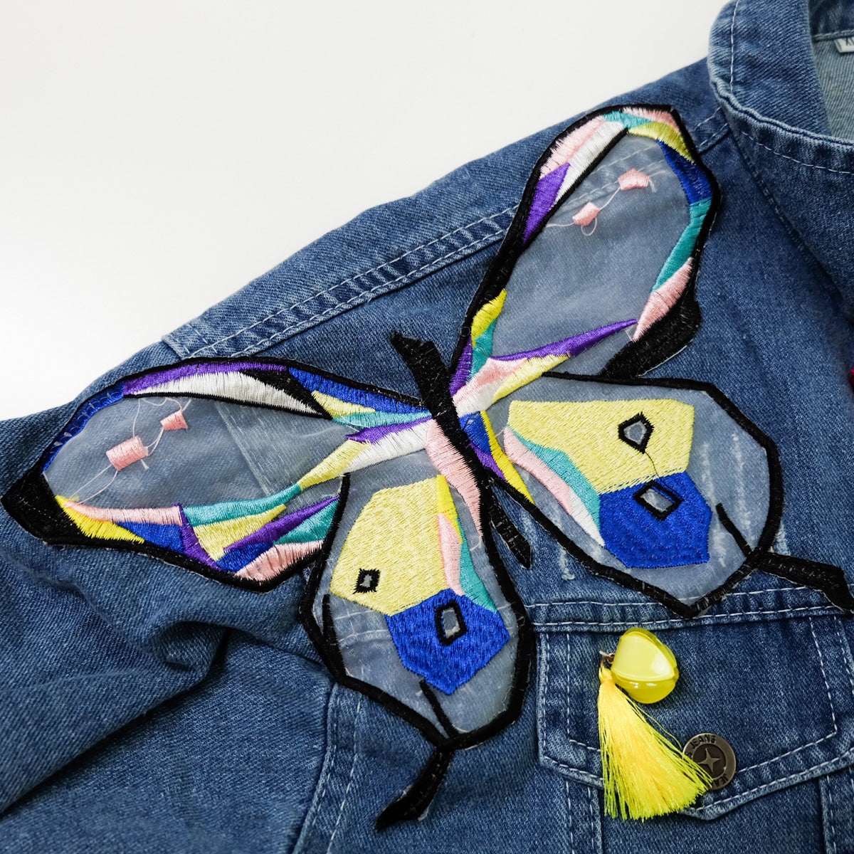Ladies XL Butterfly Art Embroidered Denim Jacket | Colorful Appliqué Tassel Jean Trucker | Japanese Streetwear Wearable Art