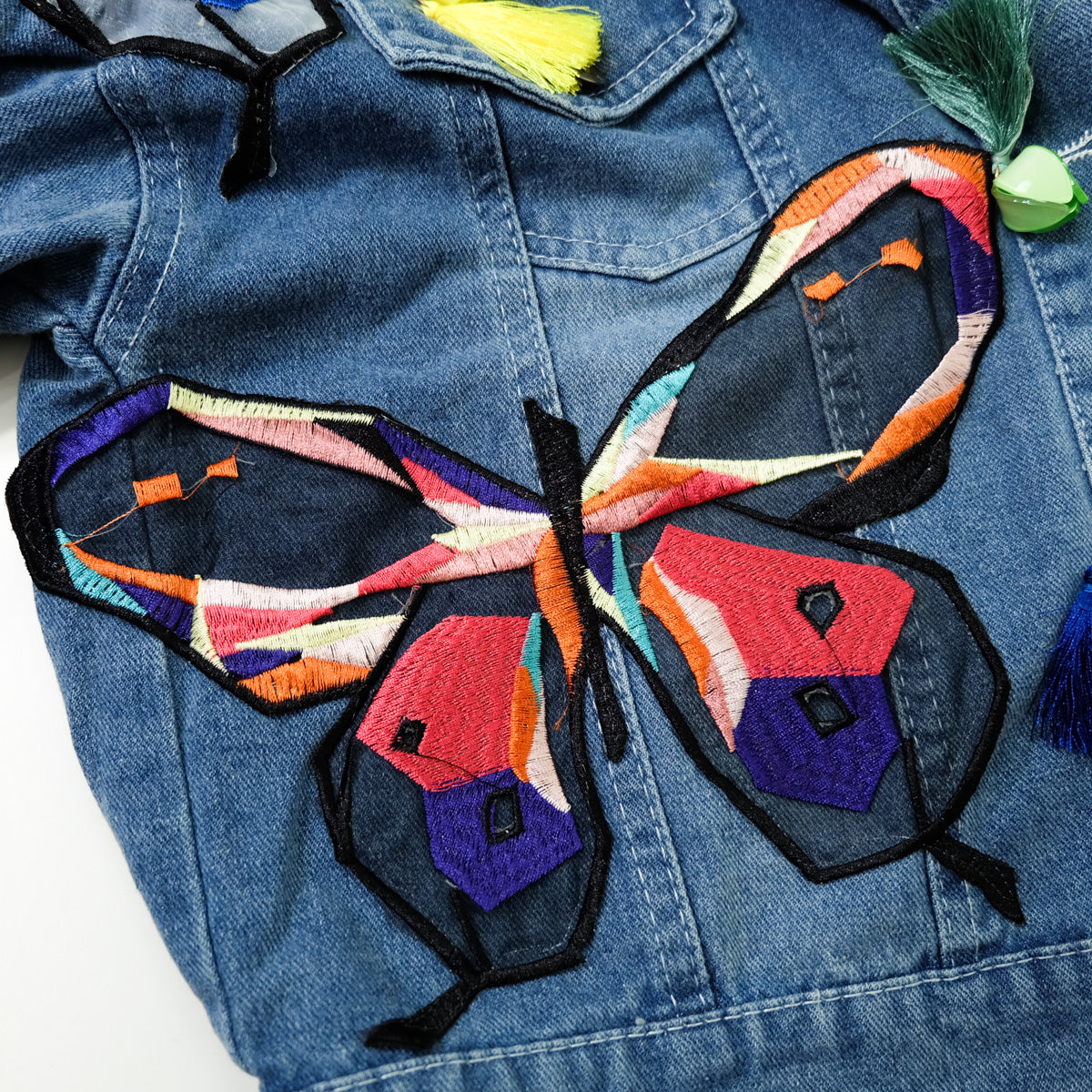 Ladies XL Butterfly Art Embroidered Denim Jacket | Colorful Appliqué Tassel Jean Trucker | Japanese Streetwear Wearable Art