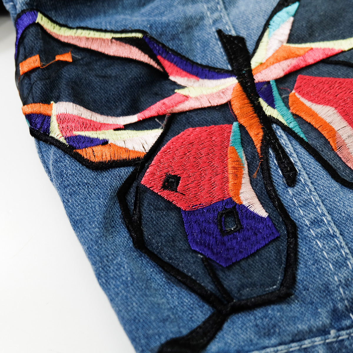 Ladies XL Butterfly Art Embroidered Denim Jacket | Colorful Appliqué Tassel Jean Trucker | Japanese Streetwear Wearable Art