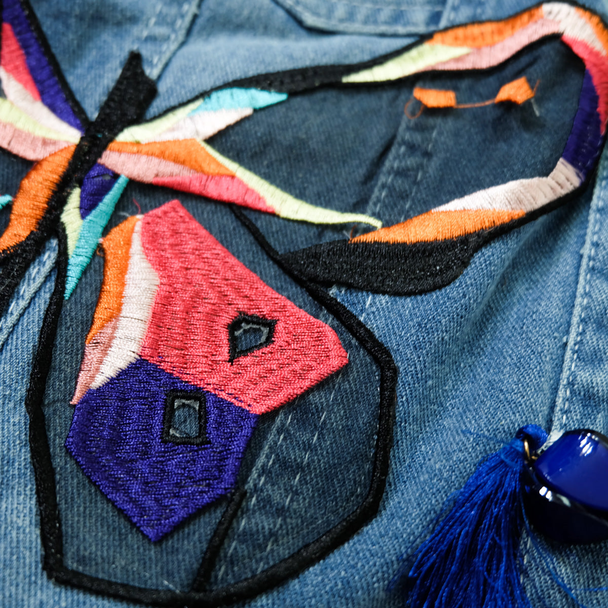 Ladies XL Butterfly Art Embroidered Denim Jacket | Colorful Appliqué Tassel Jean Trucker | Japanese Streetwear Wearable Art